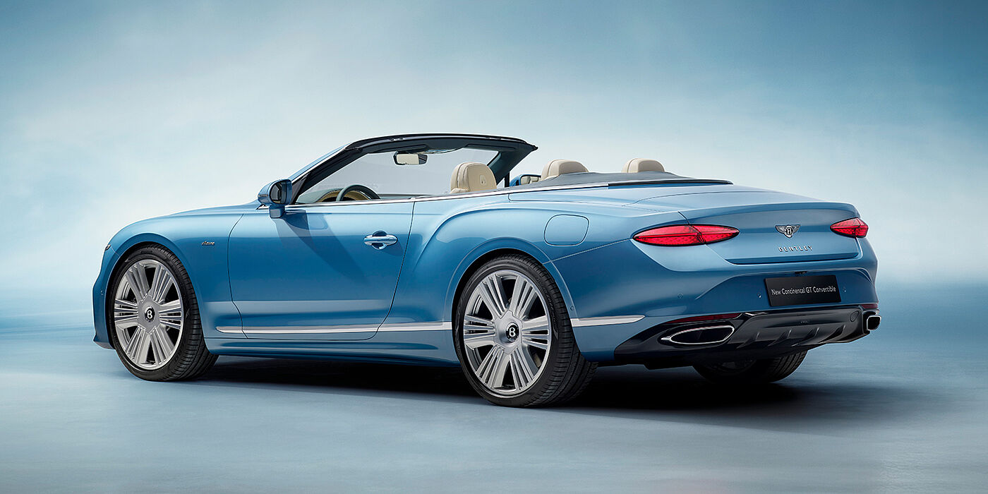 Bentley Bucuresti New Bentley Continental GTC Azure convertible rear view in Light Windsor blue paint with 22 inch ten spoke wheels and chrome exterior details