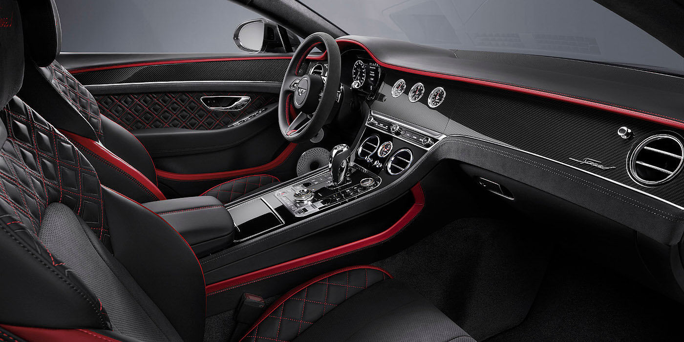 Bentley Bucuresti Bentley Continental GT Speed coupe front interior in Beluga black and Hotspur red hide