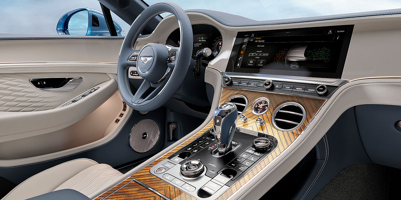 Bentley Bucuresti New Bentley Continental GTC Azure convertible interior front cabin view with Linen and Brunel hides and Piano Linen by Mulliner veneer featuring centre console and centre MMI screen