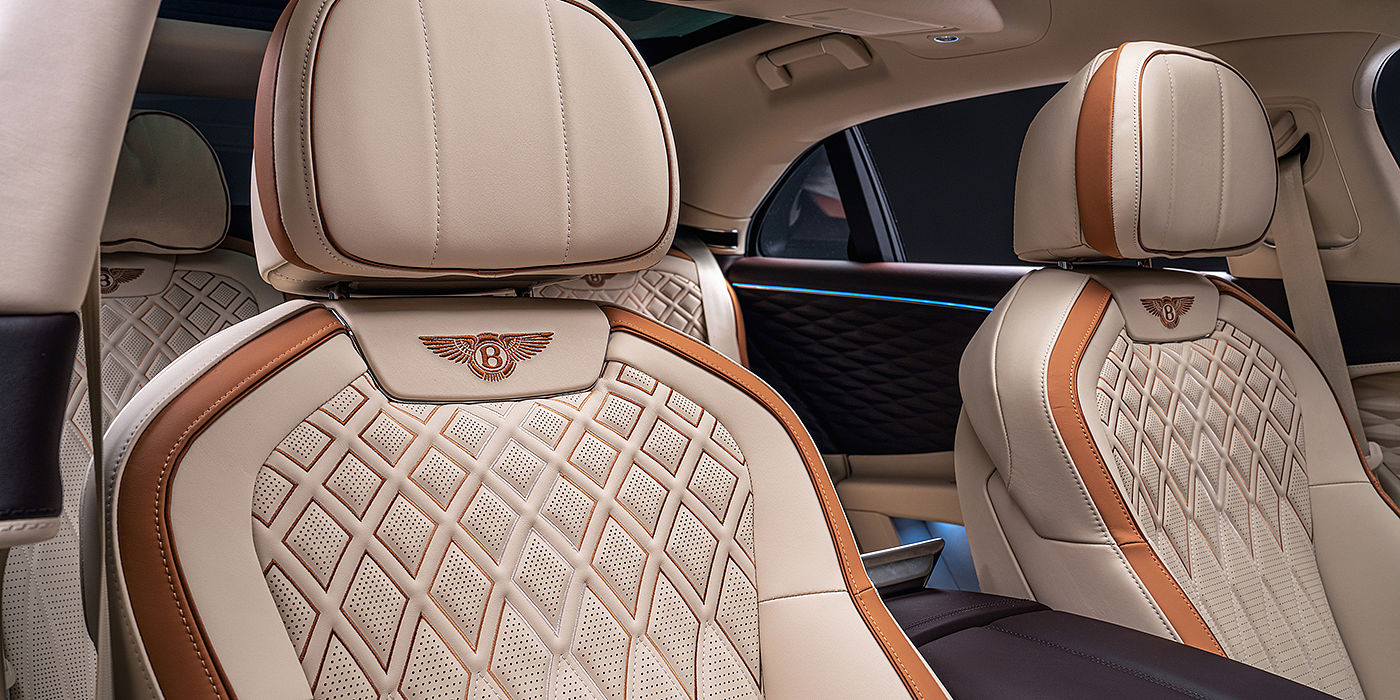 Bentley Bucuresti Bentley Flying Spur Odyssean sedan rear seat detail with Diamond quilting and Linen and Burnt Oak hides
