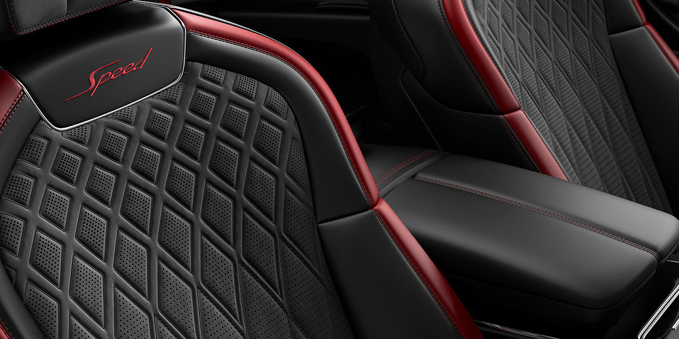 Bentley Bucuresti Bentley Flying Spur Speed sedan seat stitching detail in Beluga black and Cricket Ball red hide