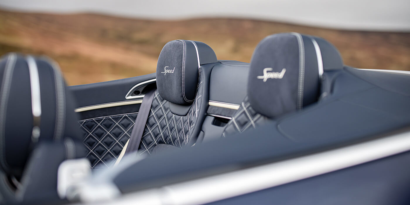 Bentley Bucuresti Bentley Continental GTC Speed convertible rear interior in Imperial Blue and Linen hide