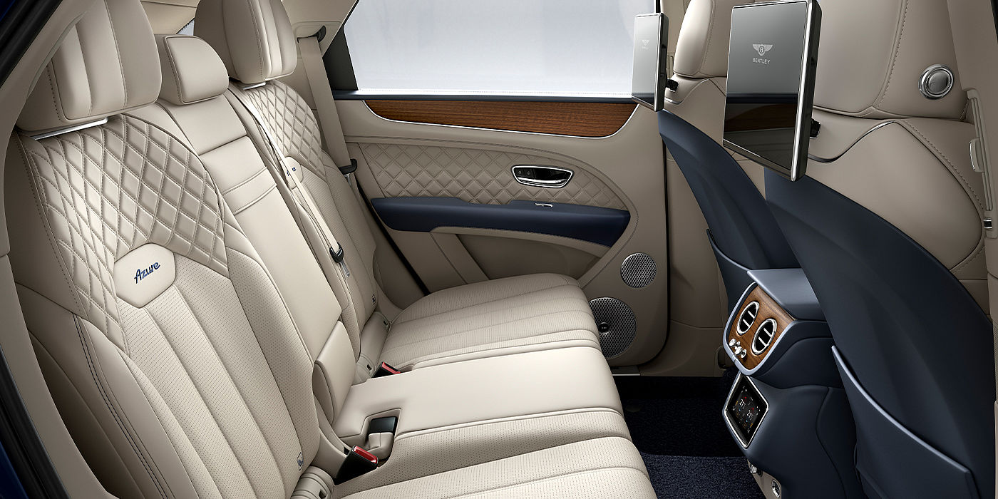 Bentley Bucuresti Bentley Bentayga Azure SUV rear interior in Imperial Blue and Linen hide