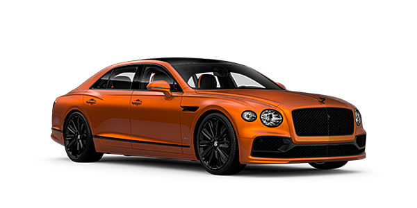Bentley Bucuresti Bentley Flying Spur Speed front side angled view in Orange Flame coloured exterior. 