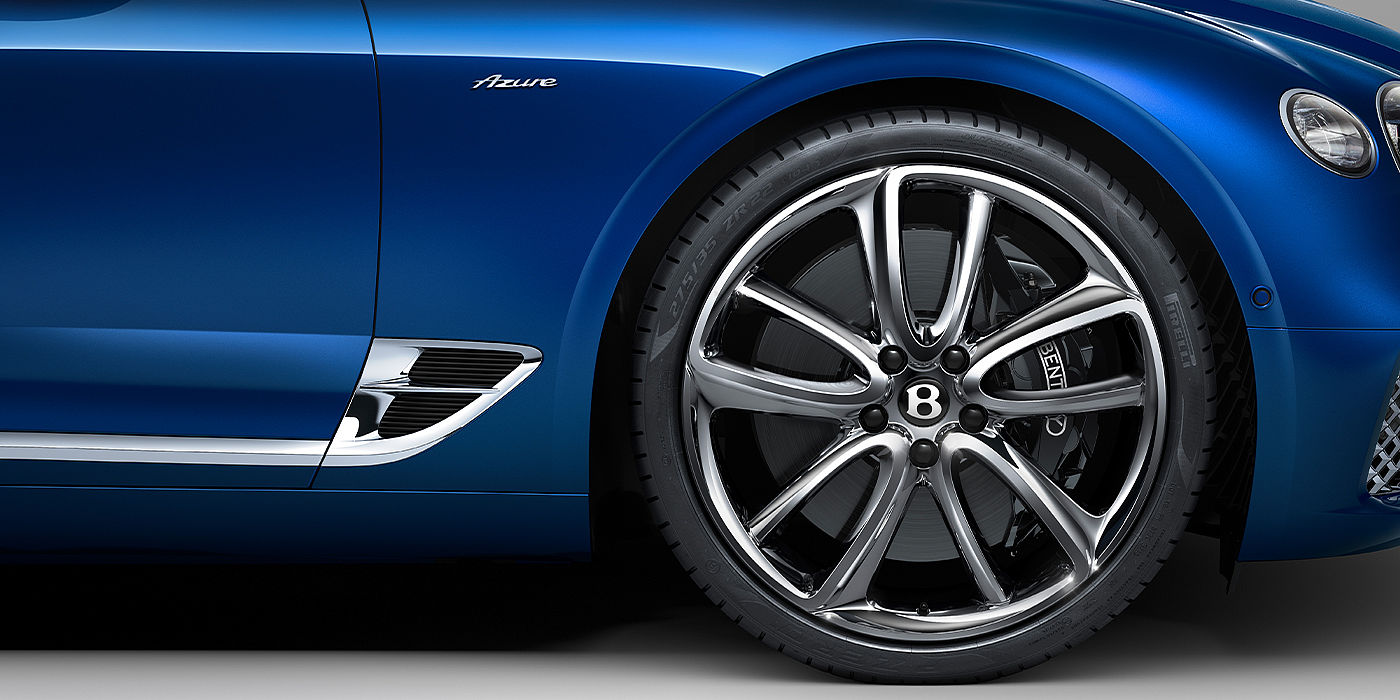Bentley Bucuresti Bentley Continental GTC Azure convertible in Sequin Blue paint side profile with Azure badge close up