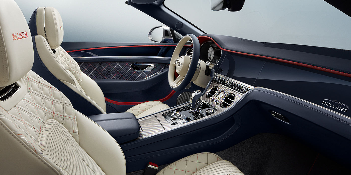 Bentley Bucuresti Bentley Continental GTC Mulliner convertible front interior in Imperial Blue and Linen hide